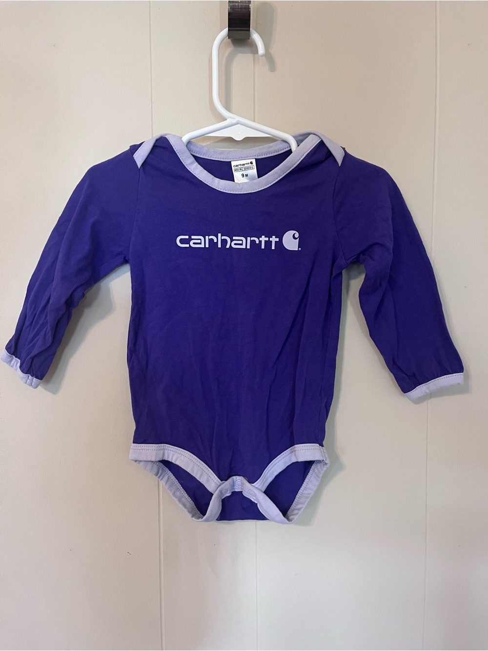 Carhartt Purple Baby Long Sleeve Onesie with Light Lavender Trim